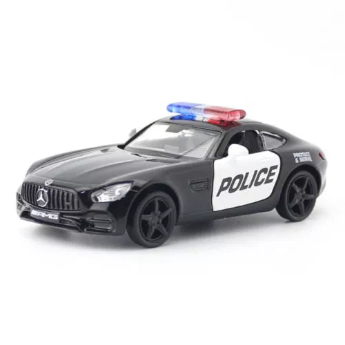 Diecast police toy car, black with white doors and red-blue light bar on roof