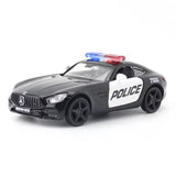 AMG GTS police diecast model car, black with white stripe and roof light bar
