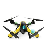 Yellow quadcopter camera drone with four black propellers and front light