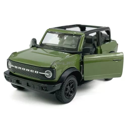 Green 1:36 diecast Ford Bronco model car with open-top door, pull-back toy vehicle