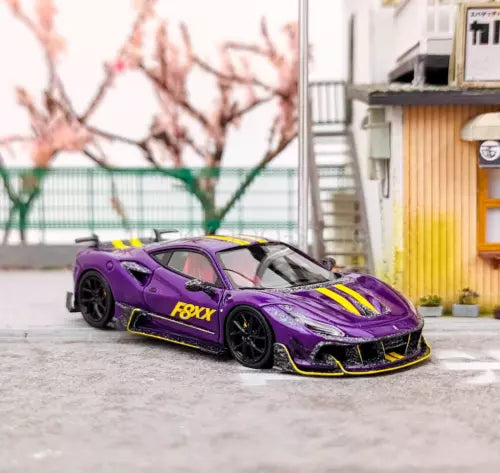 Purple diecast racing sports car model with black wheels, F8XX logo and yellow stripes