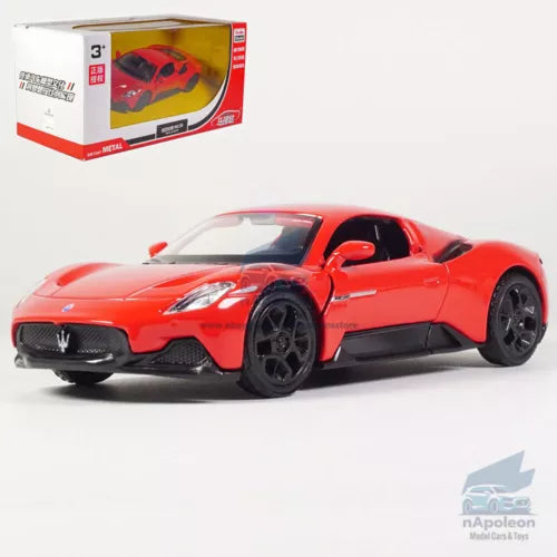 Maserati MC20 red diecast toy sports car, front 3/4 view