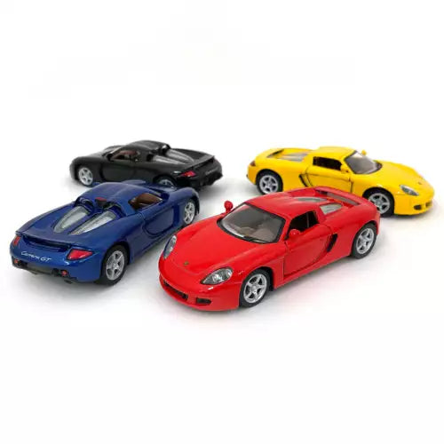 1:36 scale diecast sports car model set, black, blue, red, and yellow cars
