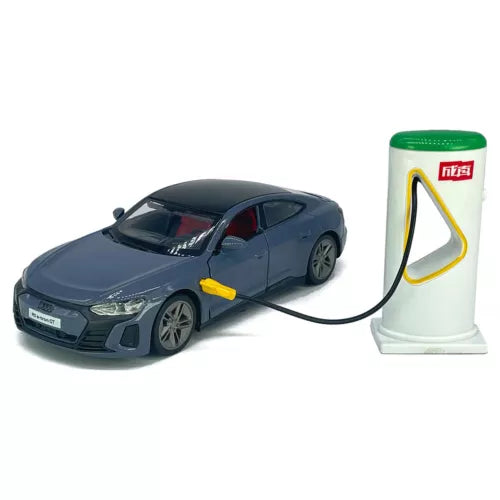 Diecast model toy car with charging plug and cable, dark blue-gray body