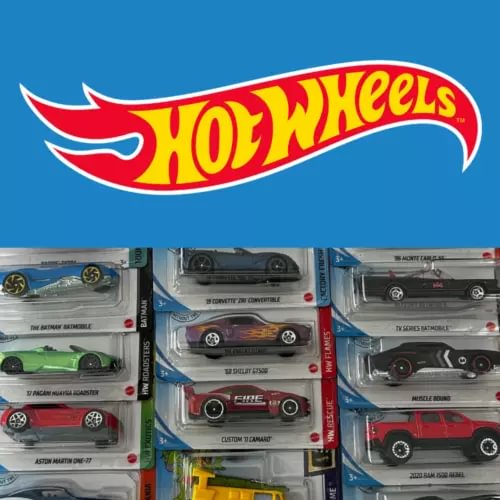 Hot Wheels 1:64 diecast car blister packs, multiple vehicles in display.