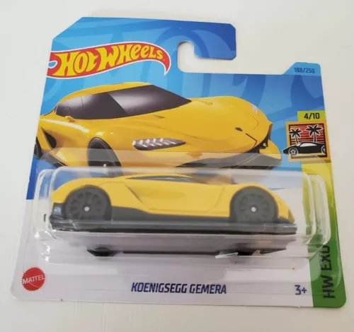 1:64 Koenigsegg Gemera yellow diecast toy car in blister box with black roof