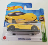 1:64 Koenigsegg Gemera yellow diecast toy car in blister box with black roof