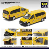 Yellow diecast taxi van toy car set, front and rear views, 1:64 scale