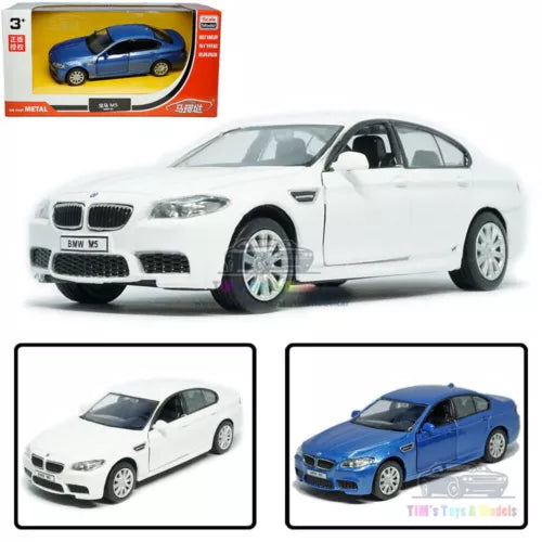 White BMW M5 alloy diecast model car, front three-quarter view, pull-back toy