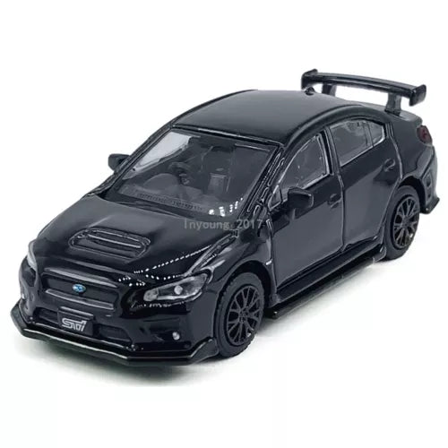 Black metal diecast model car with front 3/4 view and hood scoop