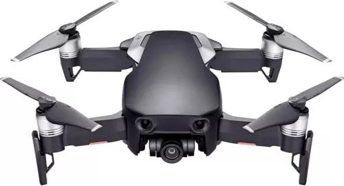 Camera drone in dark black with front camera and four foldable propellers.