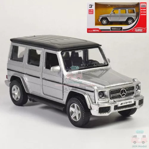 Silver Mercedes G63 AMG diecast model SUV, front three-quarter view with black roof