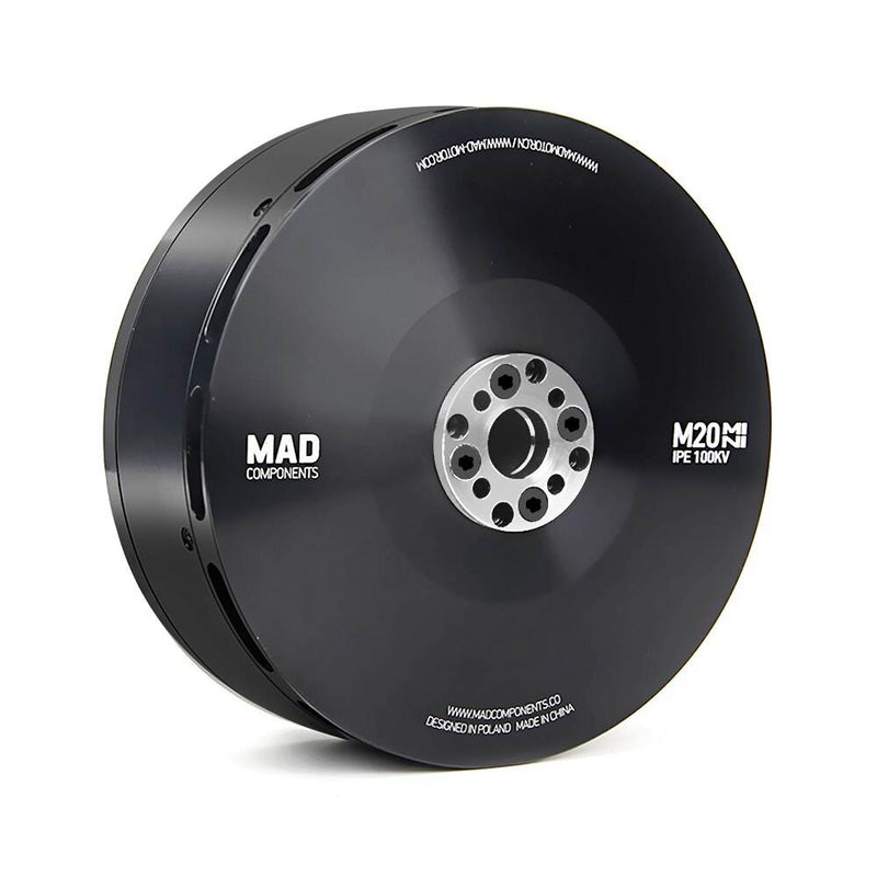 Black drone motor with center mounting plate and circular bolt holes, labeled M20MI 100KV