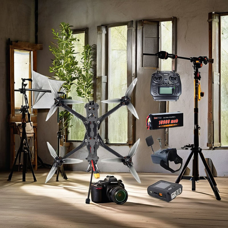 Mini FPV racing drone with four propellers and mounted camera on stand