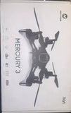 Foldable quadcopter drone with four propellers, shown on Mercury3 retail box