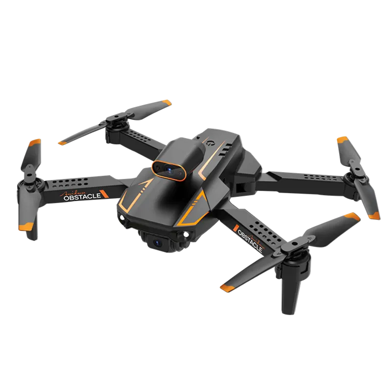 Mini FPV quadcopter drone with dual cameras, grey body and orange accents