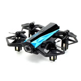Mini quadcopter drone with blue accents and front camera lens