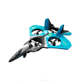Blue and black foam RC fighter airplane with propellers and tail fins