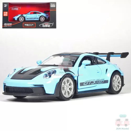 Blue diecast toy model car, Porsche 911 GT3 RS with front view and headlights