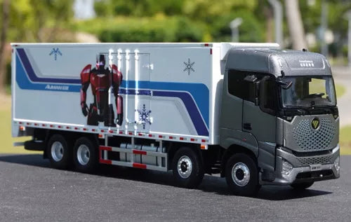 1/36 scale diecast box truck model with dark gray cab and blue cargo body