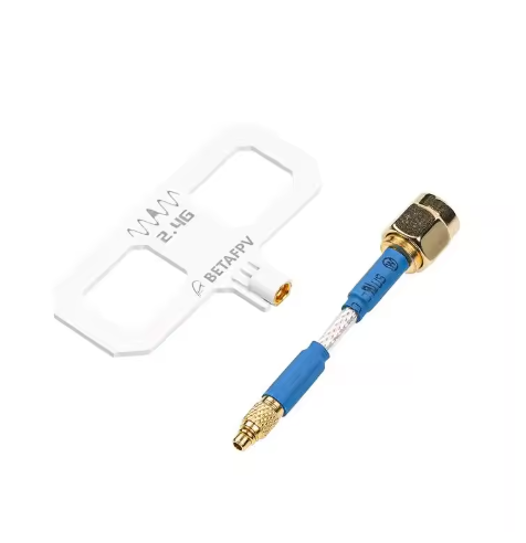 White Moxon antenna with blue coax cable and gold RF connector