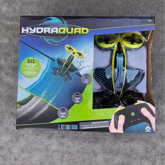 HydraQuad air-to-water stunt drone kit box with controller and drone components