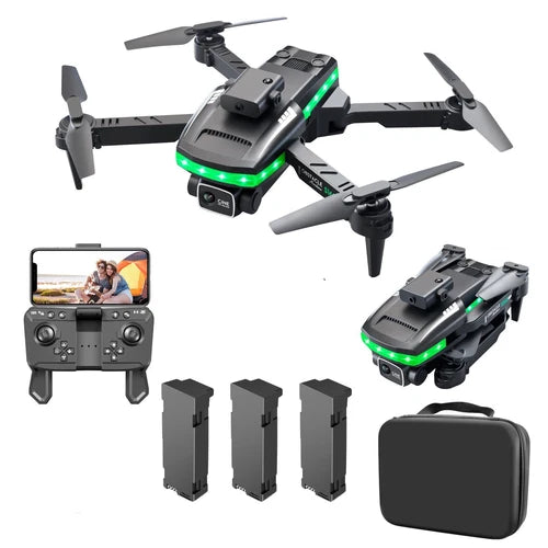 Black quadcopter drone with camera, green LEDs, controller, batteries, and carrying case
