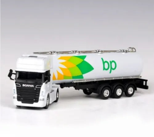 White diecast oil tanker truck model with bp logo, front cab and side view