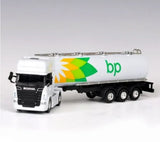 White diecast oil tanker truck model with bp logo, front cab and side view