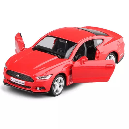 Red diecast 2015 Ford Mustang model car, front-left view with driver door open