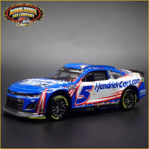 Blue NASCAR-style diecast race car with white red #5 markings and front grille details