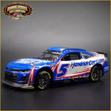 Blue NASCAR-style diecast race car with white red #5 markings and front grille details