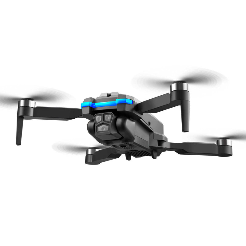 Mini quadcopter drone, black frame with blue accents, front camera, four propellers