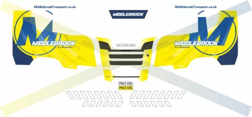 Middlebrook Transport Scania R-series decal set with yellow, blue panels and stripe accents