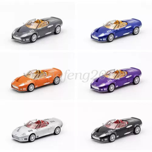 1:64 scale diecast sports car with open hood, shown in multiple color options