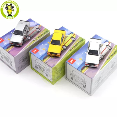 1/64 diecast toy car models in packaging, including a yellow car and white car.