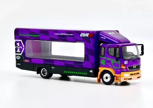 Purple 1:64 transporter truck model diecast with EVA graphics, front and side view