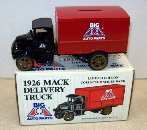 Die-cast delivery truck collector bank, red and black, with original box