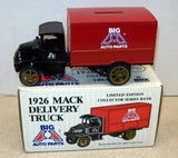 Die-cast delivery truck collector bank, red and black, with original box