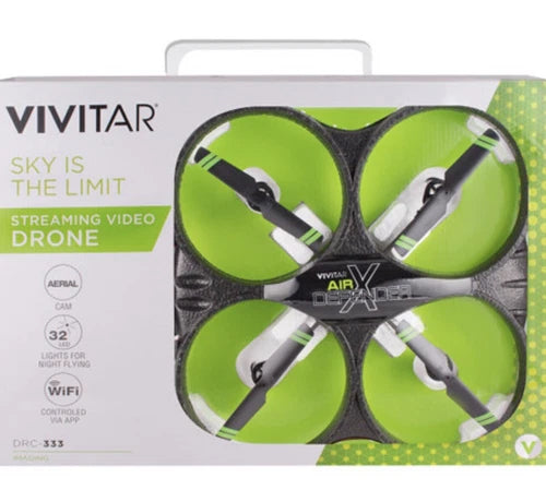 Quadcopter drone with green propellers and front camera housing