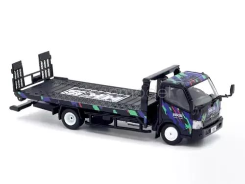 Diecast tow truck flatbed model with dark blue cab and purple graphics, front 3/4 view