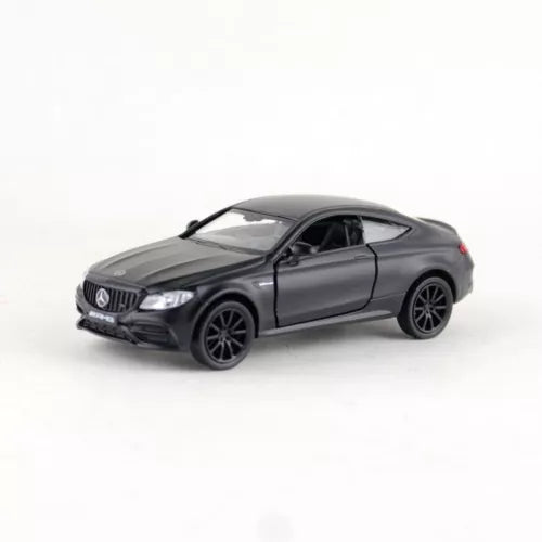 Diecast toy car model of a dark gray coupe, detailed wheels and headlights