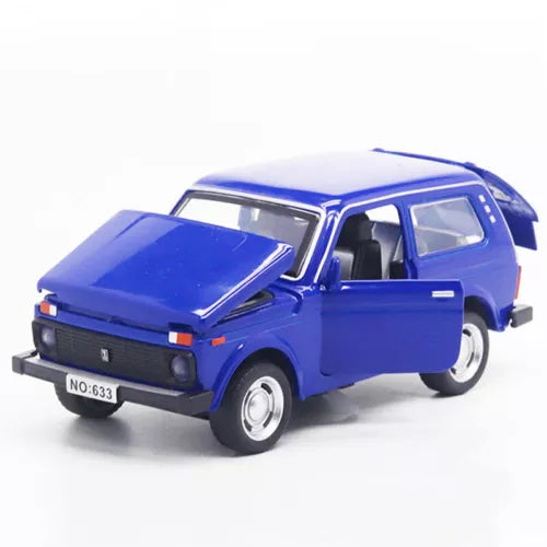 Blue diecast model car with hood raised, front three-quarter view