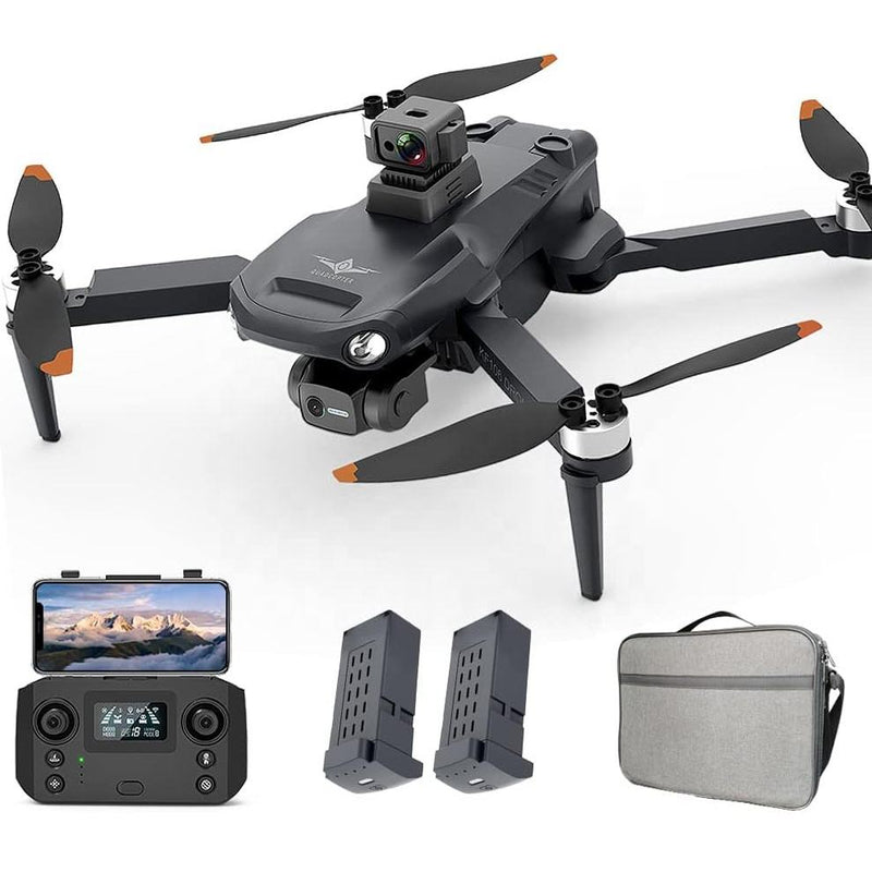 FPV drone with 3-axis gimbal camera, remote controller, spare prop guards, and carrying case
