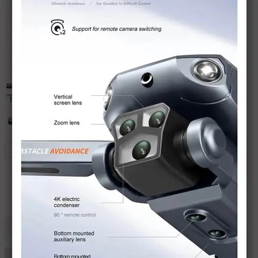 Gray drone camera module with multiple lenses and forward-facing sensor