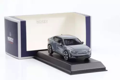 Diecast model car Polestar 2 2024 in gray, on display base.