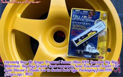 Boxed diecast semi truck and trailer model, yellow and white, in retail package