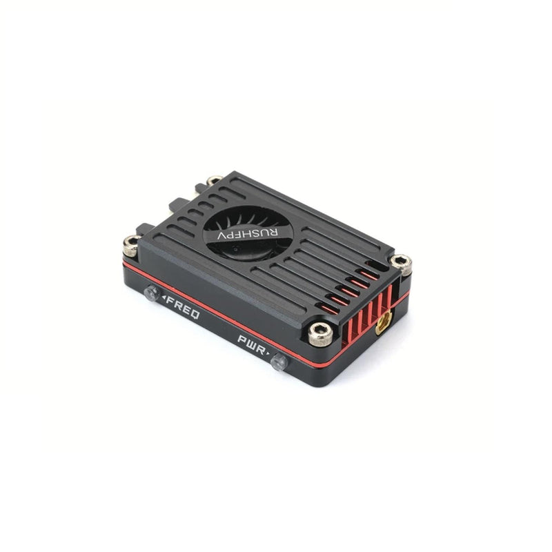 FPV video transmitter module with CNC finned black aluminum case and red connectors