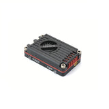 FPV video transmitter module with CNC finned black aluminum case and red connectors