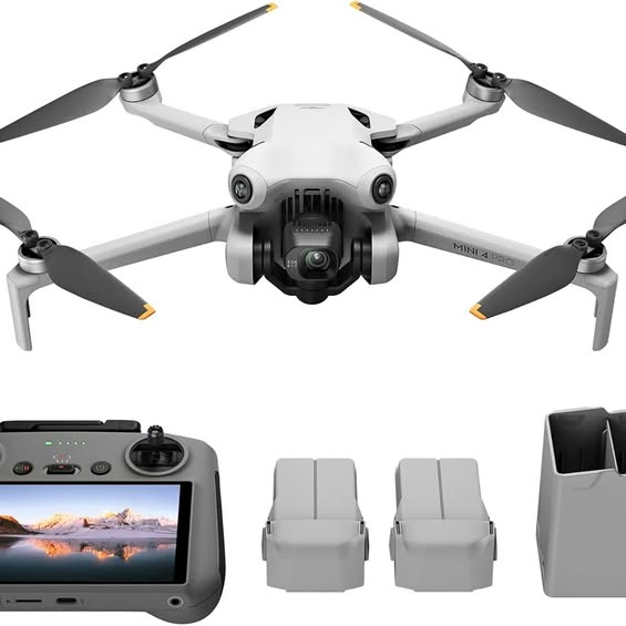 DJI Mini 4 Pro drone with four propellers and controller with screen
